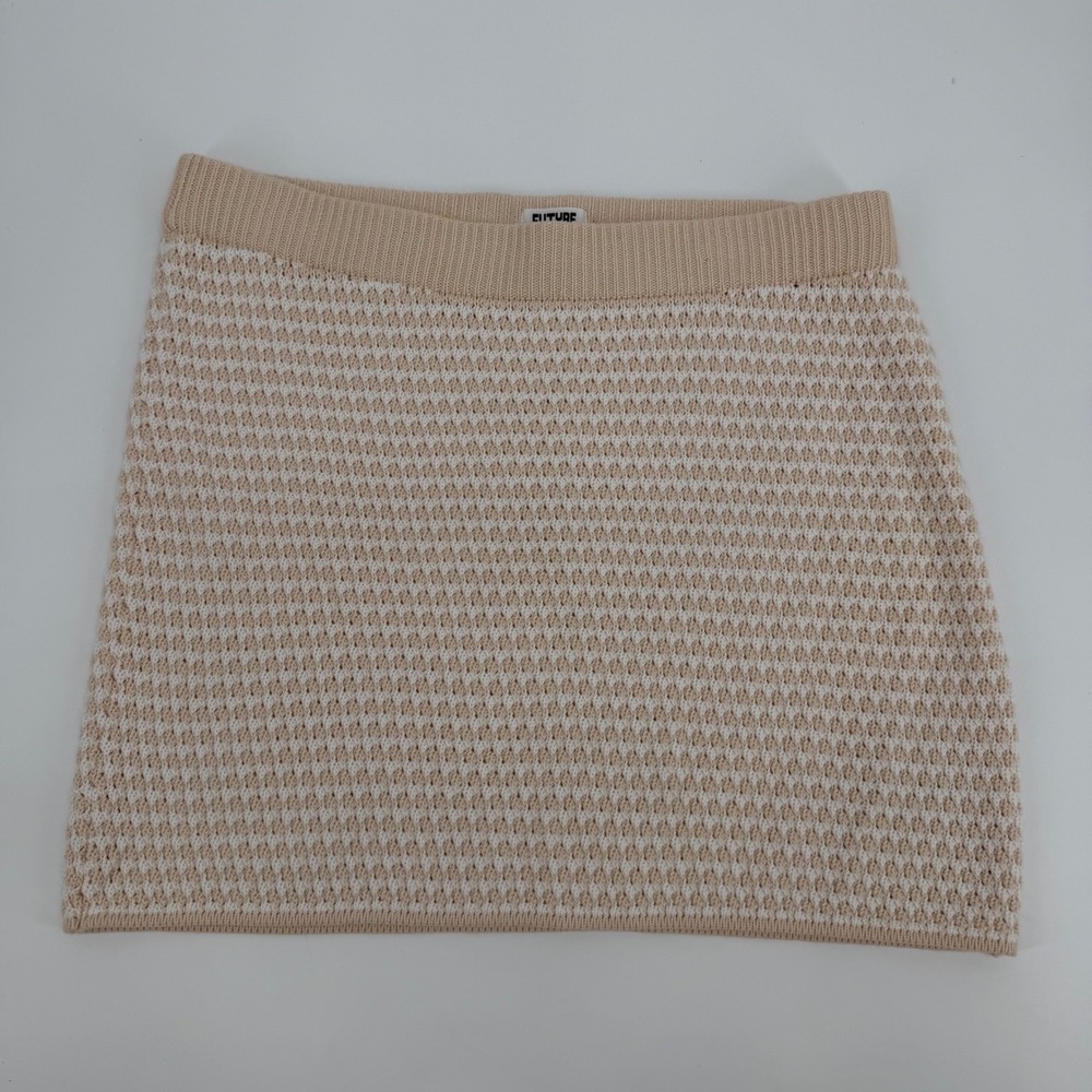 Future Collective Alani Noelle Tan White Knit Mini Skirt Cotton Size L